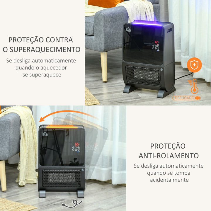Aquecedor Elétrico 2000W com Umidificador Controle Remoto a Distância Termostato Temporizador Tela e Luzes LED para Sala de Estar de 30 m² 33x21x49,5cm Preto