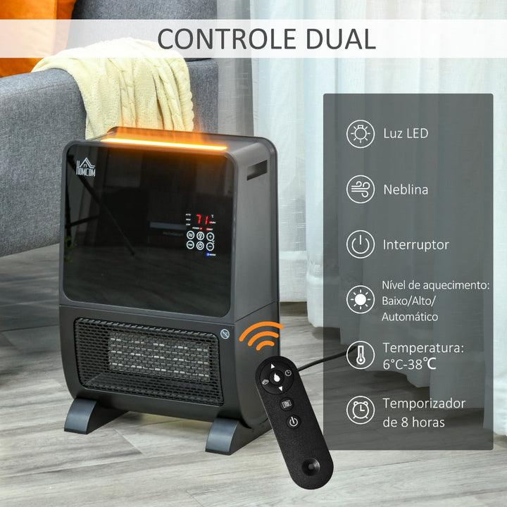 Aquecedor Elétrico 2000W com Umidificador Controle Remoto a Distância Termostato Temporizador Tela e Luzes LED para Sala de Estar de 30 m² 33x21x49,5cm Preto