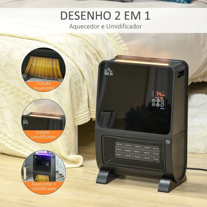 Aquecedor Elétrico 2000W com Umidificador Controle Remoto a Distância Termostato Temporizador Tela e Luzes LED para Sala de Estar de 30 m² 33x21x49,5cm Preto