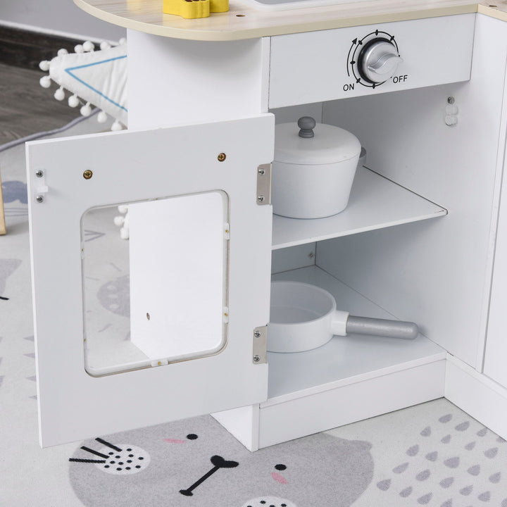 Cozinha de Brinquedo de Madeira para Crianças acima de 3 Anos Cozinha Infantil com Frigorífico Microondas Lavatório e 14 Acessórios 86x64x84,5cm Branco