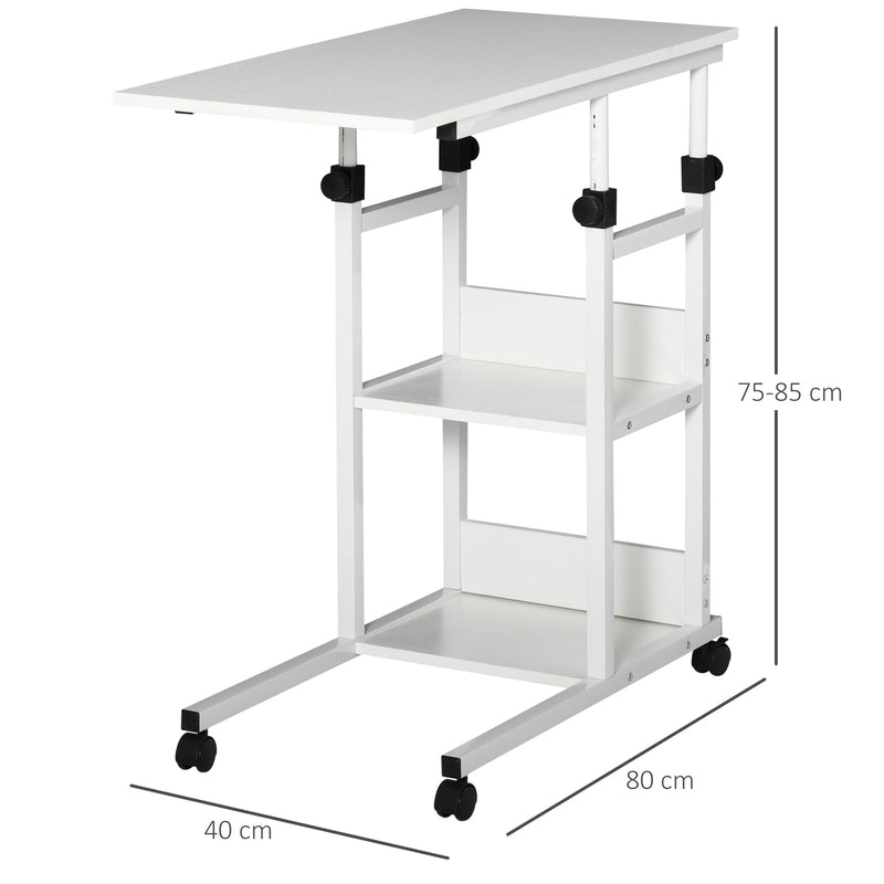 Mesa Lateral para Sofá Mesa lateral em Forma de C com 4 rodas Giratórias Freios Altura Ajustável 3 níveis Estrutura Metálica 80x40x72-82cm Branco