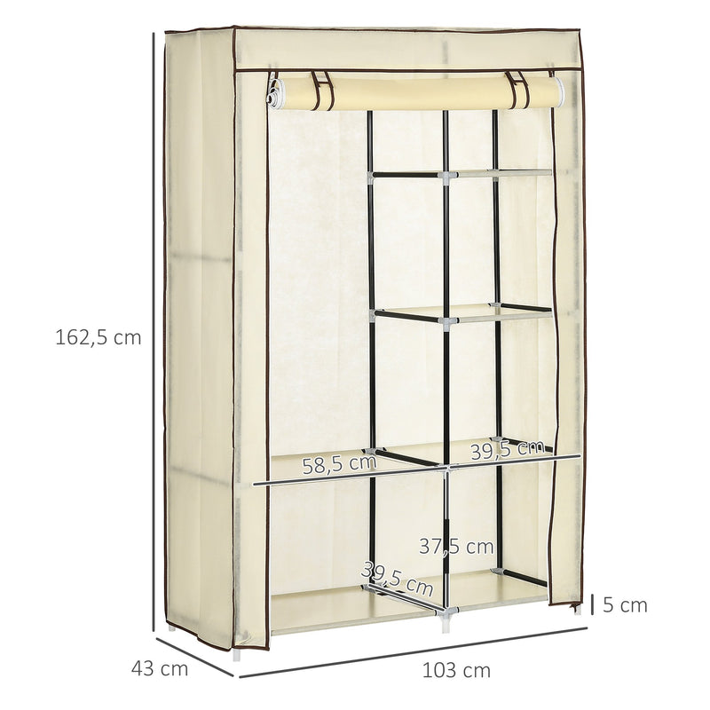 Roupeiro de Tecido Dobrável Armário de Roupa Portátil com 6 Prateleiras e 1 Barra de Pendurar para Dormitório Vestidor 103x43x162,5cm Creme