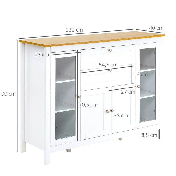 Aparador de Cozinha com Armário 2 Gavetas 2 Portas de Vidro e Prateleiras Ajustáveis Móvel Auxiliar de Armazenamento para Sala de Jantar Sala de Estar 120x40x90cm Branco