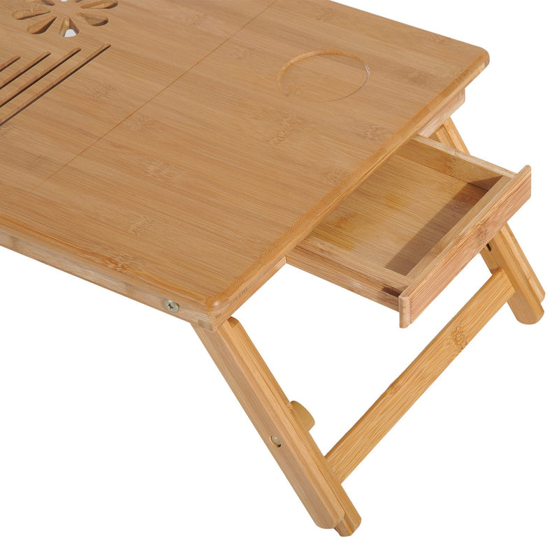 Mesa de Computador Portátil Bambu Dobrável Reclinado Altura ajustável Suporte Mesa de volta 1 Gaveta 55x35x22-30cm