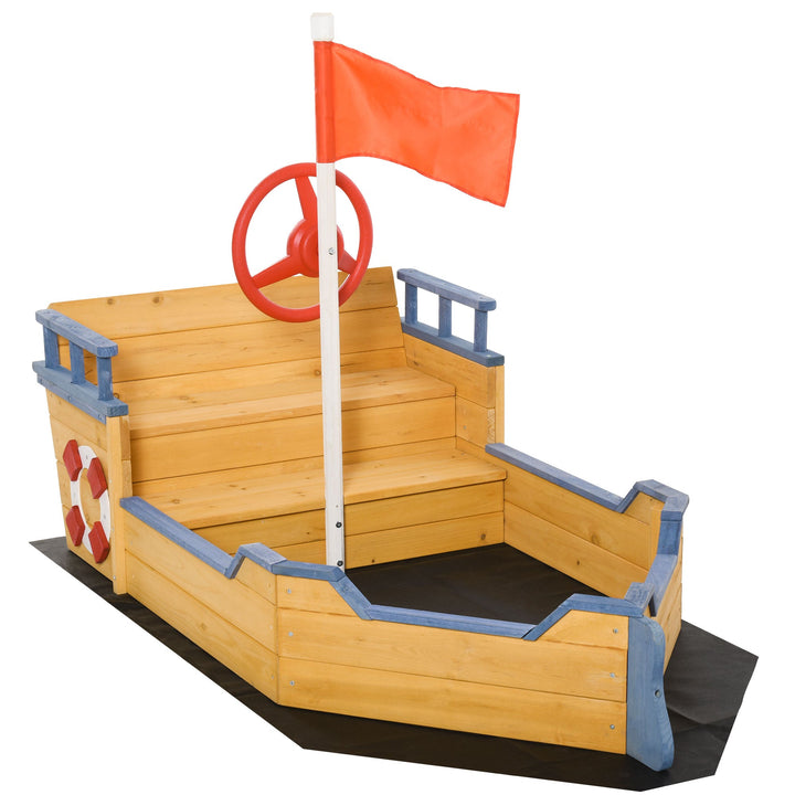 Caixa de Areia Infantil de Madeira Desenho de Galeão com Assento 2 Degraus Bandeira Vermelha e Leme Caixa de Areia de Jardim para Crianças acima de 3 Anos 158x78x45,5cm Natural