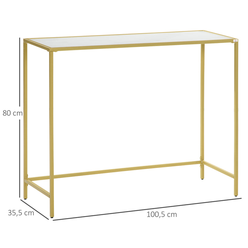 Mesa Consola Mesa de Entrada com Vidro e Estrutura de Aço para Corredor Sala de Estar Estilo Moderno com Anti-Rolamento Carga Máxima 25kg 100,5x35x80cm Branco e Dourado