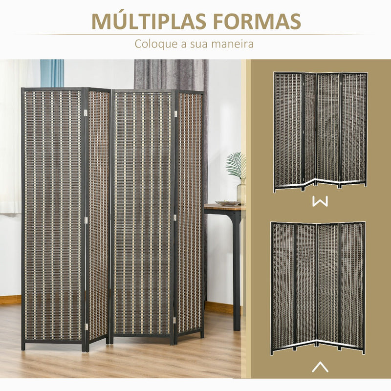 Biombo de 4 Painéis de Bambú Separador de Ambientes Dobrável Divisória para Espaços 180x180cm Marrom e Preto