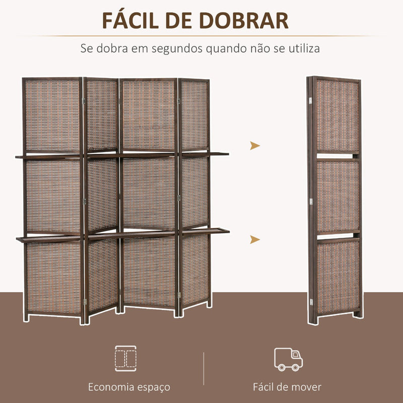 Biombo de 4 Painéis de Bambú Separador de Ambientes Dobrável com 2 Prateleiras Removíveis para Dormitório 180x180cm Marrom