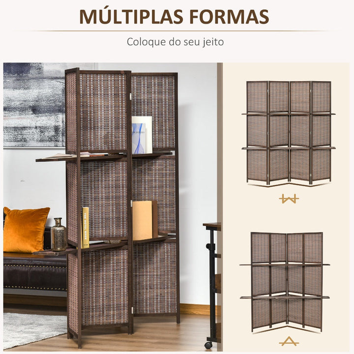 Biombo de 4 Painéis de Bambú Separador de Ambientes Dobrável com 2 Prateleiras Removíveis para Dormitório 180x180cm Marrom