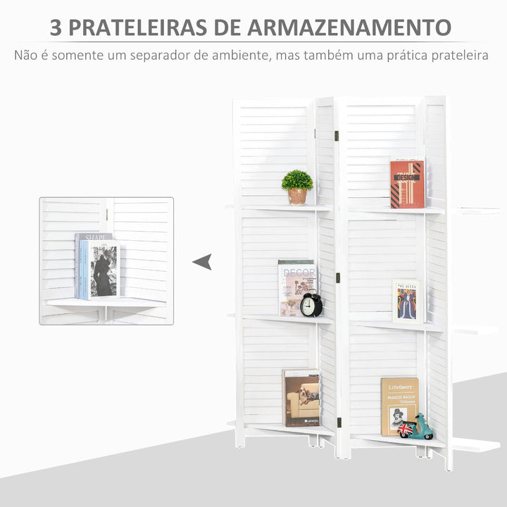 Biombo de 4 Painéis de Madeira Separador de Ambiente Dobrável com 3 Prateleiras Removíveis Desenho Persiana para Dormitório Escritório 160x170cm Branco