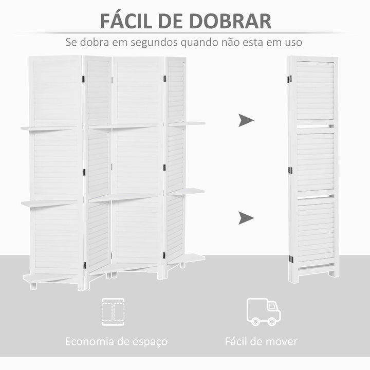 Biombo de 4 Painéis de Madeira Separador de Ambiente Dobrável com 3 Prateleiras Removíveis Desenho Persiana para Dormitório Escritório 160x170cm Branco