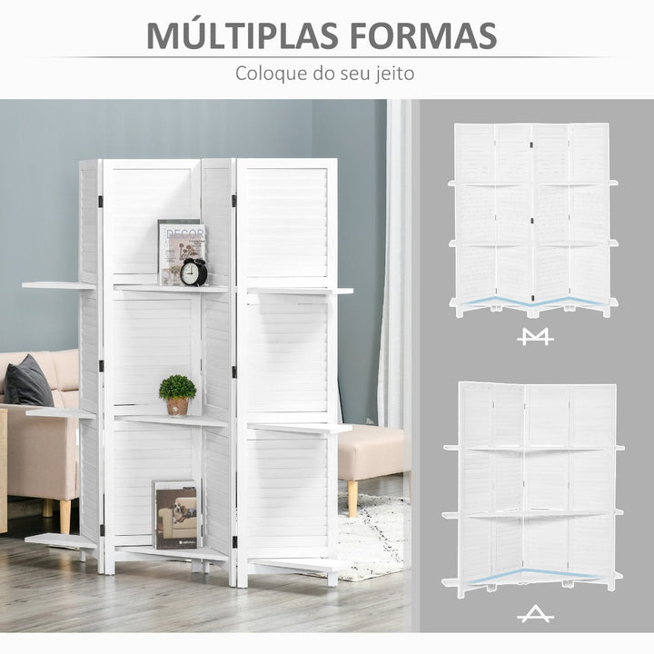 Biombo de 4 Painéis de Madeira Separador de Ambiente Dobrável com 3 Prateleiras Removíveis Desenho Persiana para Dormitório Escritório 160x170cm Branco