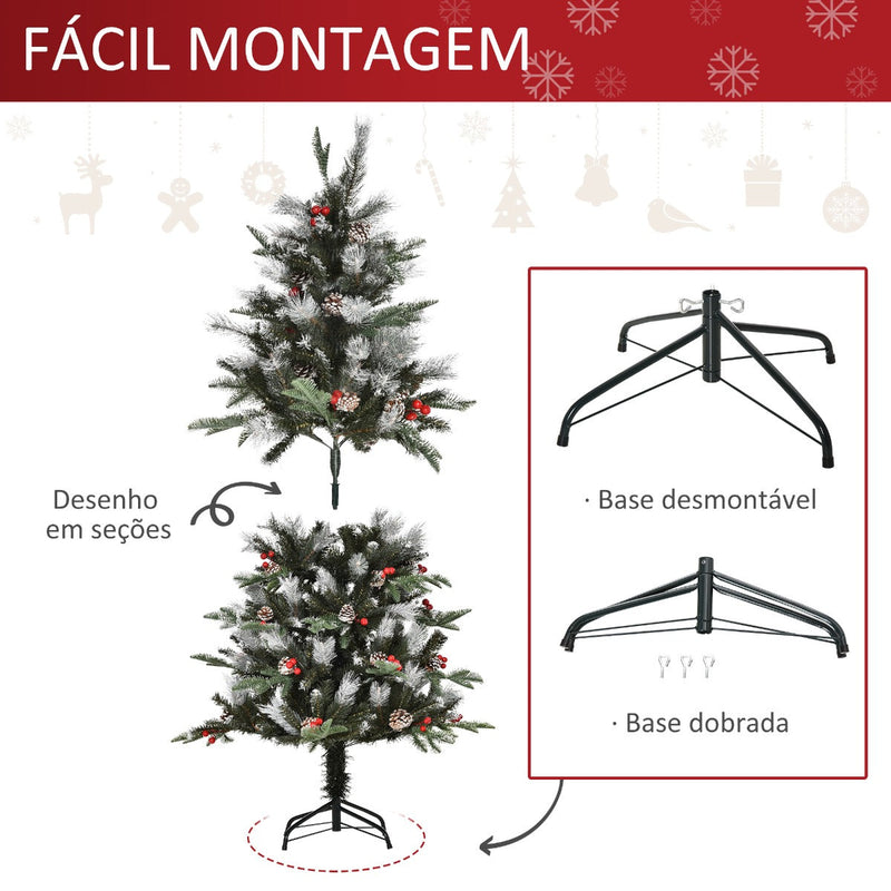 Árvore de Natal Artificial 150cm com 440 Ramas 39 Pinhas e 39 Frutinhas Folhas de PVC PE Base Dobrável e Suporte Metálico Decoração de Natal para Interiores Verde