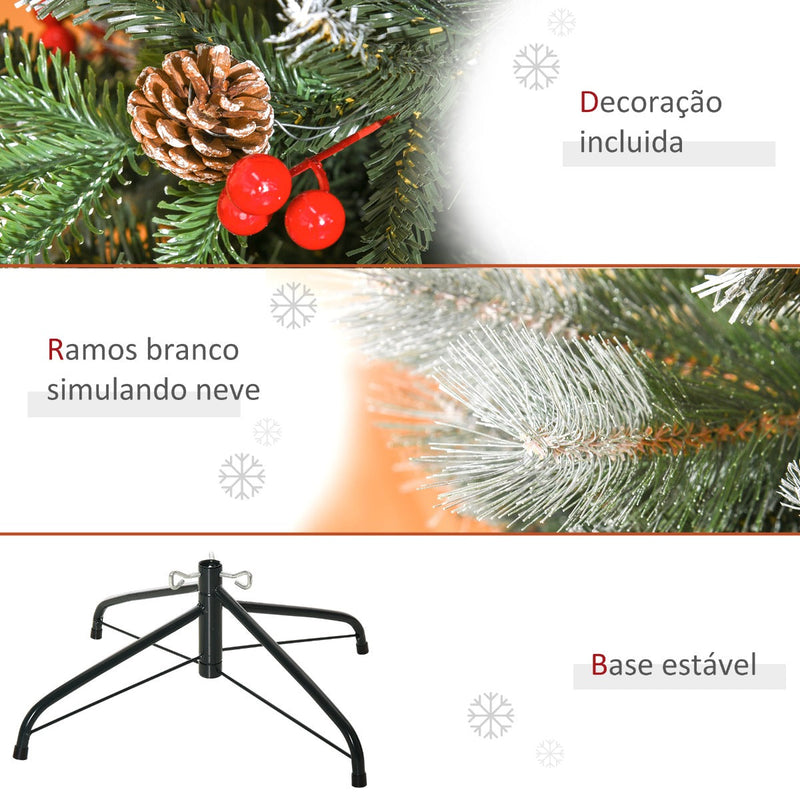 Árvore de Natal Artificial 150cm com 440 Ramas 39 Pinhas e 39 Frutinhas Folhas de PVC PE Base Dobrável e Suporte Metálico Decoração de Natal para Interiores Verde