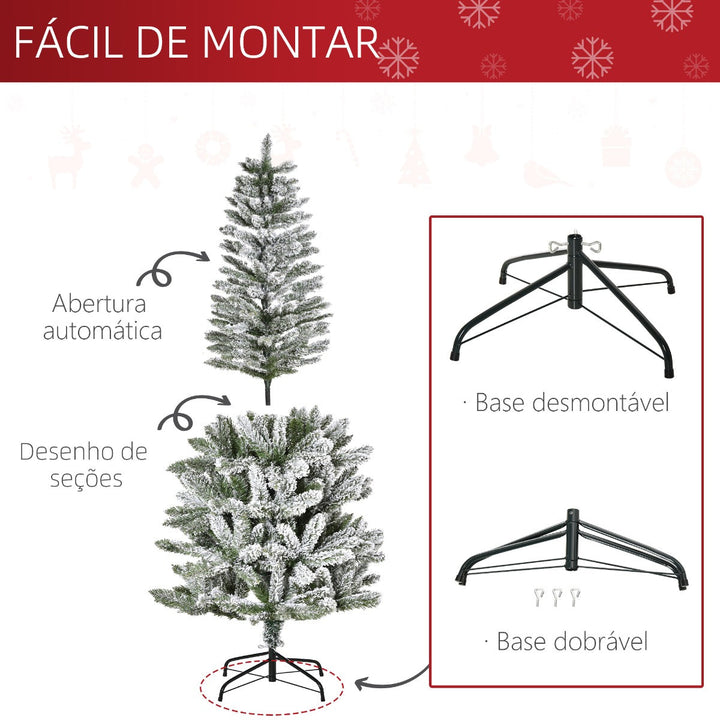 Árvore de Natal 180cm Neve Artificial com 394 Ramos Ignífugos de PVC Base Dobrável e Suporte de Aço Decoração de Natal para Interiores Ø60x180cm Verde e Branco