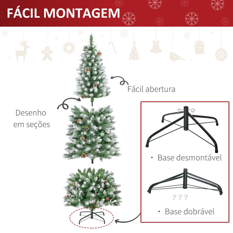 Árvore de Natal Artificial Ø75x180cm com 630 Ramas e 37 Pinhas Folhas de PVC Base Dobrável e Suporte Metálico Decoração de Natal para Interiores Verde