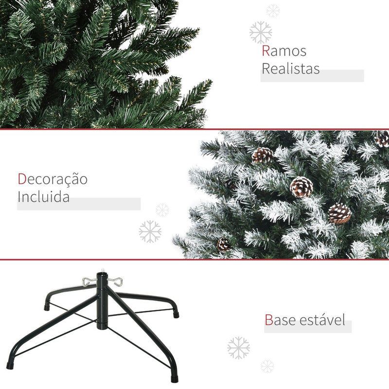 Árvore de Natal Artificial 150cm com 676 Ramas e 41 Pinhas Folhas de PVC com Efeito de Neve Base Dobrável e Suporte Metálico para Interiores Verde