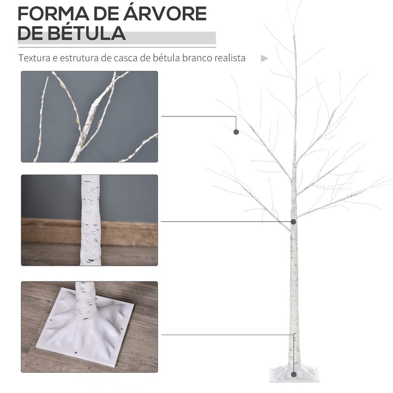 Árvore de Bétula 150cm de Altura com 210 Luzes LED em Branco Quente Ramos Flexíveis e Base para Decoração de Festas Aniversários Casamentos 20x20x150cm Branco