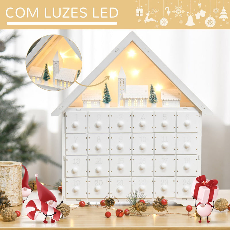 Calendário de Advento de Natal Madeira com 24 Gavetas e Luzes LED Decoração de Natal Modelo Casinha 39x9x42cm Branco