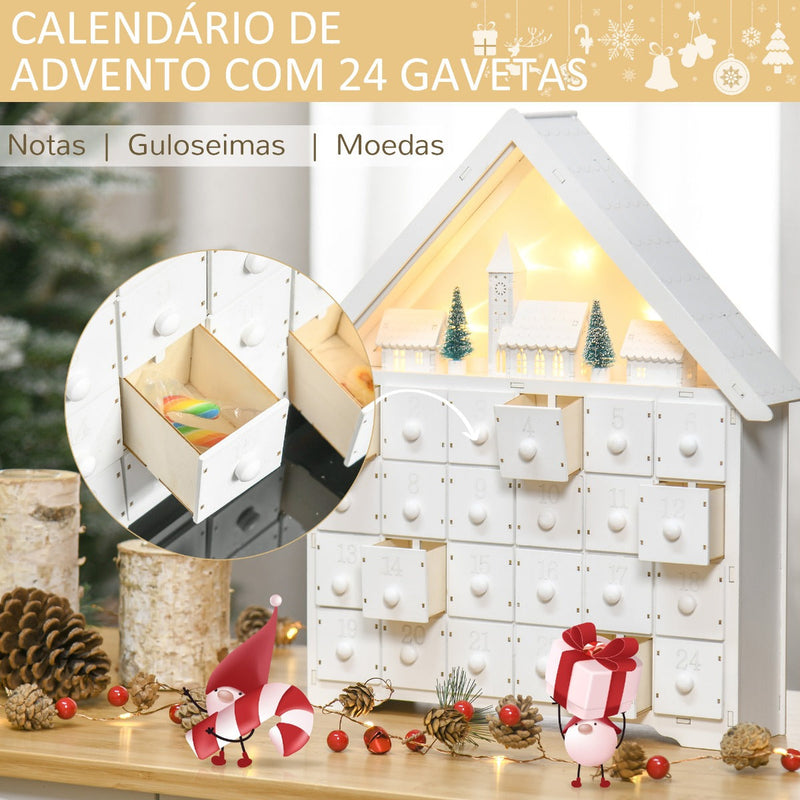 Calendário de Advento de Natal Madeira com 24 Gavetas e Luzes LED Decoração de Natal Modelo Casinha 39x9x42cm Branco