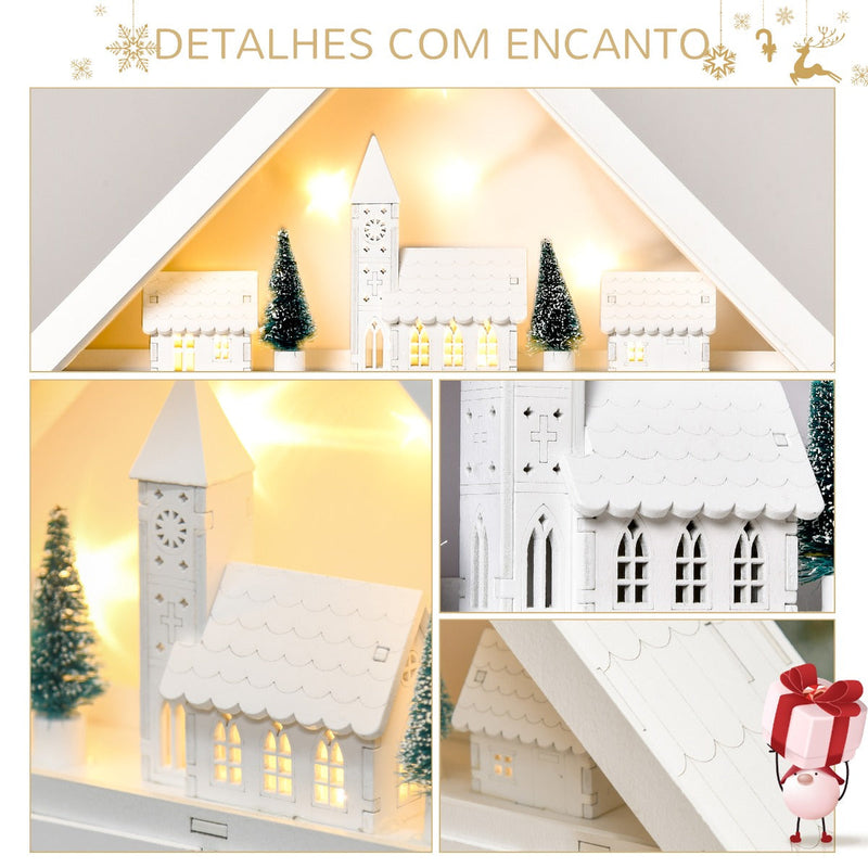 Calendário de Advento de Natal Madeira com 24 Gavetas e Luzes LED Decoração de Natal Modelo Casinha 39x9x42cm Branco