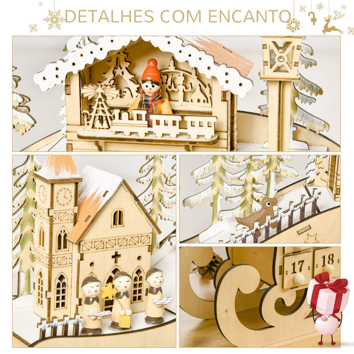 Calendário de Advento de Natal com Luzes LED e 24 Gavetas Decoração de Natal Modelo de Trenó 45x10x31cm Madeira Natural