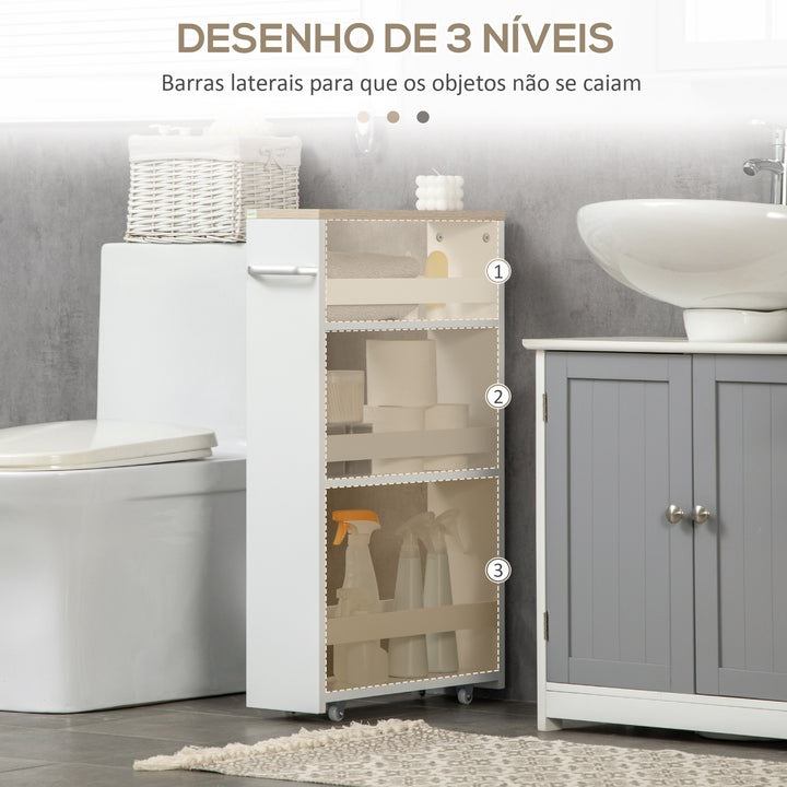 Estante de Armazenamento para Casa de Banho de 3 Níveis Estante Estreita com Alça Lateral Estante com Rodas para Cozinha Sala de Estar Estilo Moderno 48x15x80cm Branco
