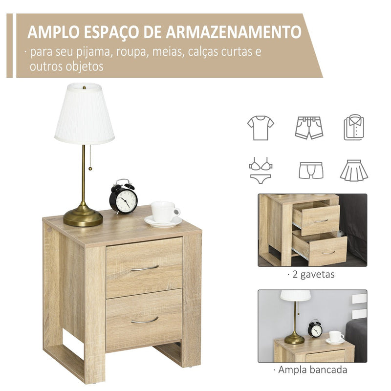 Mesa de Cabeceira com 2 Gavetas Pés e Base Elevada para Dormitório Mesa Lateral para Sala de Estar Estilo Moderno 48x39x54cm Carvalho