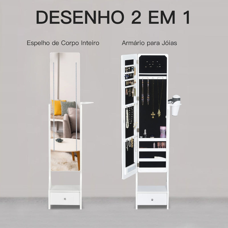 Joalheiro de Pé com Espelho Luz Armário para Jóias com Espelho de Corpo Inteiro 3 Ângulos Ajustáveis com Gaveta e Suporte para Secador 37x30x158cm Branco