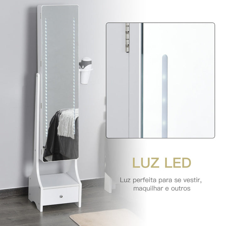 Joalheiro de Pé com Espelho Luz Armário para Jóias com Espelho de Corpo Inteiro 3 Ângulos Ajustáveis com Gaveta e Suporte para Secador 37x30x158cm Branco