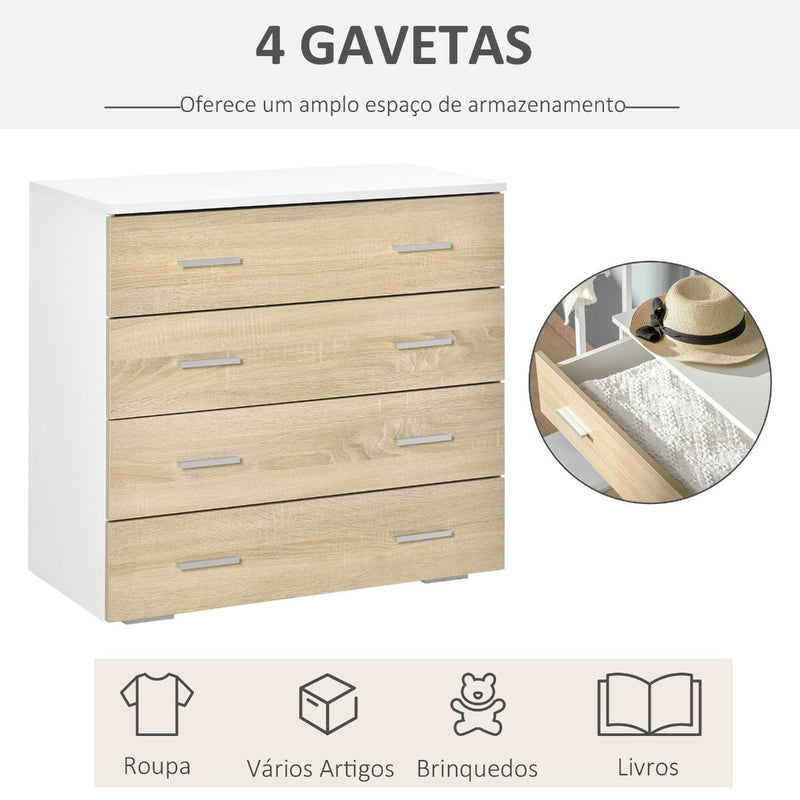 Cómoda com 4 Gavetas Cómoda Auxiliar de Armazenamento Moderna para Dormitório Corredor Sala de Estar 76x35x72cm Carvalho e Branco