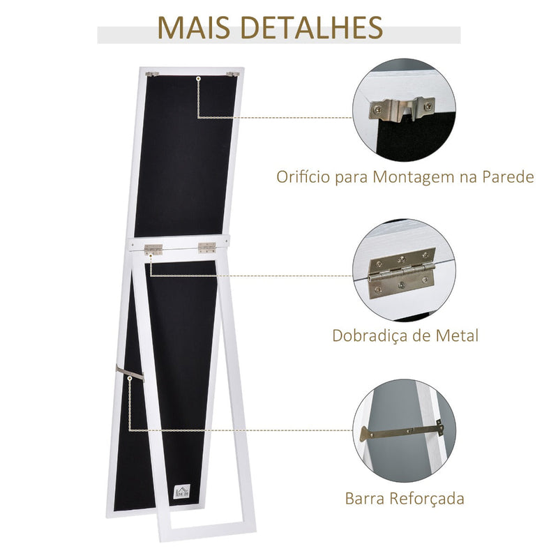 Espelho de pé de Corpo Inteiro Retangular Espelho de Parede com 2 Formas de Uso para Dormitórios Sala de Estar Corredor 37x48x152cm Branco