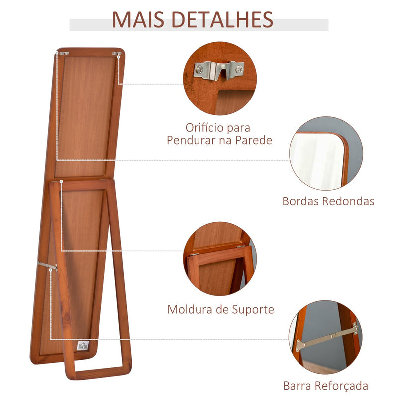 Espelho de pé de Corpo Inteiro Retangular Espelho de Parede com 2 Formas de Uso Estrutura de Madeira de Pinho para Dormitórios Sala de Estar Corredor 37x43x156cm Nogueira