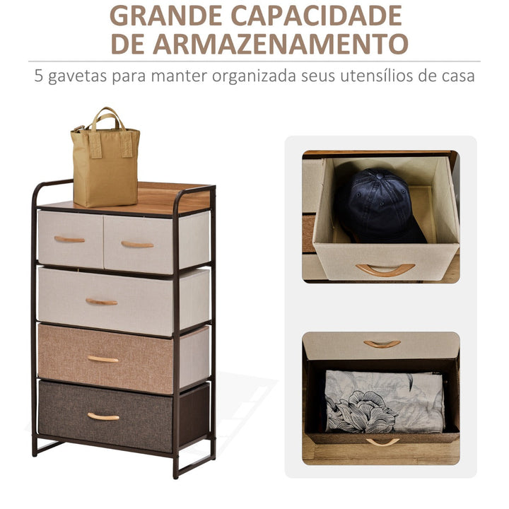 Cómoda de Tecido com 5 Cestos Removíveis e Dobráveis Base Elevada Móvel de Armazenamento para Dormitório Sala de Estar 58x29x99cm Multicor