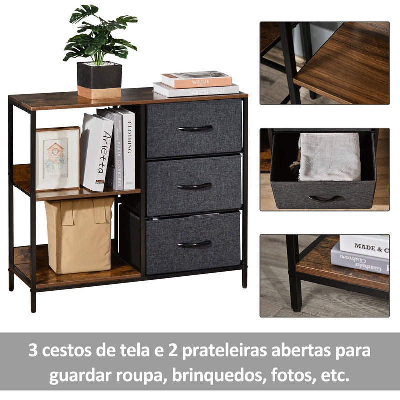 Cómoda de Estilo Industrial com Cestos de Tela Dobráveis e 2 Prateleiras para Dormitório Sala de Estar Corredor 80x29x71cm Marrom Rústico e Cinza Escuro