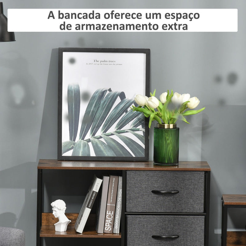 Cómoda de Estilo Industrial com Cestos de Tela Dobráveis e 2 Prateleiras para Dormitório Sala de Estar Corredor 80x29x71cm Marrom Rústico e Cinza Escuro