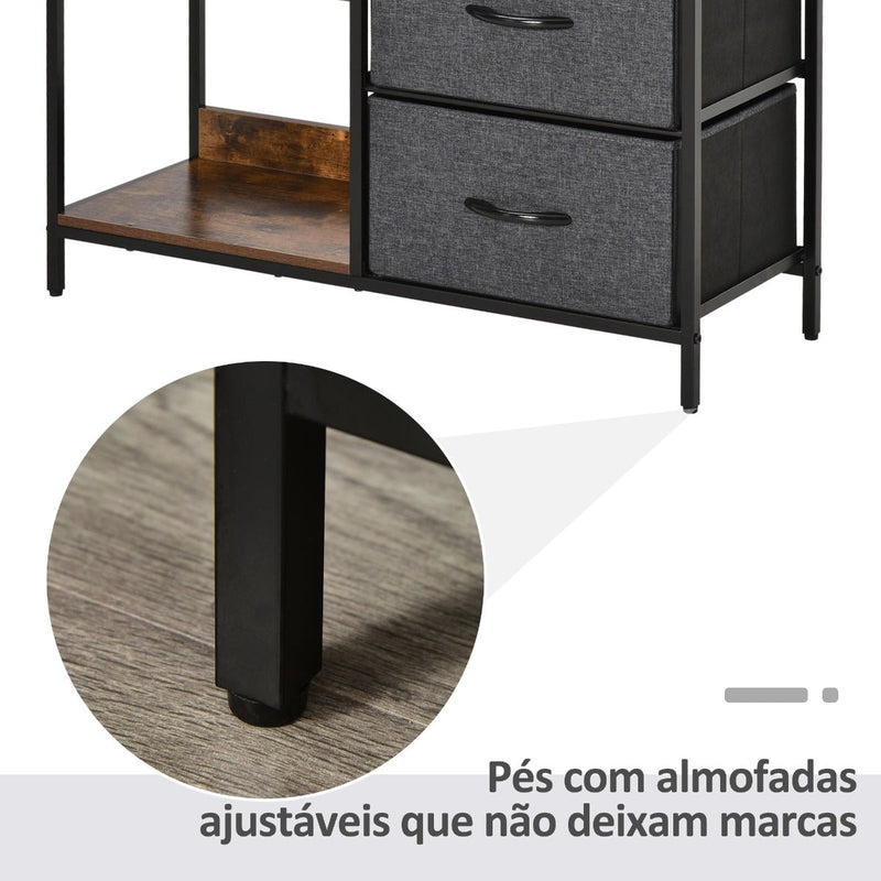 Cómoda de Estilo Industrial com Cestos de Tela Dobráveis e 2 Prateleiras para Dormitório Sala de Estar Corredor 80x29x71cm Marrom Rústico e Cinza Escuro