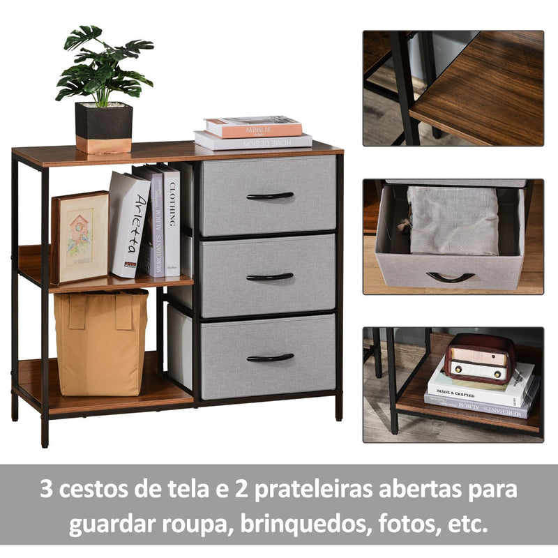 Cómoda de Estilo Industrial com Cestos de Tela Dobráveis e 2 Prateleiras para Dormitório Sala de Estar Corredor 80x29x71cm Nogueira e Cinza Claro