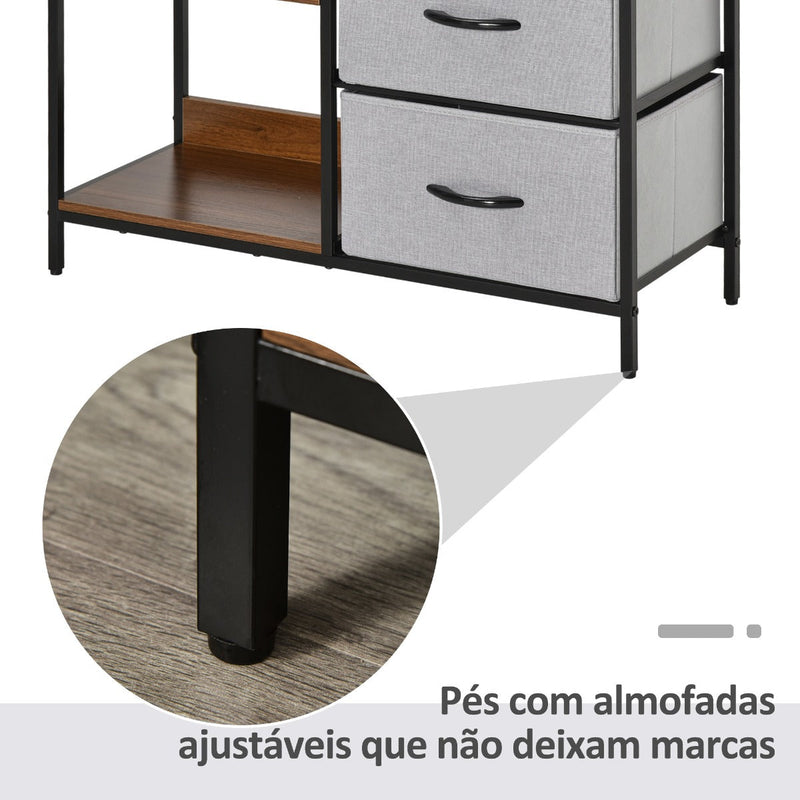 Cómoda de Estilo Industrial com Cestos de Tela Dobráveis e 2 Prateleiras para Dormitório Sala de Estar Corredor 80x29x71cm Nogueira e Cinza Claro