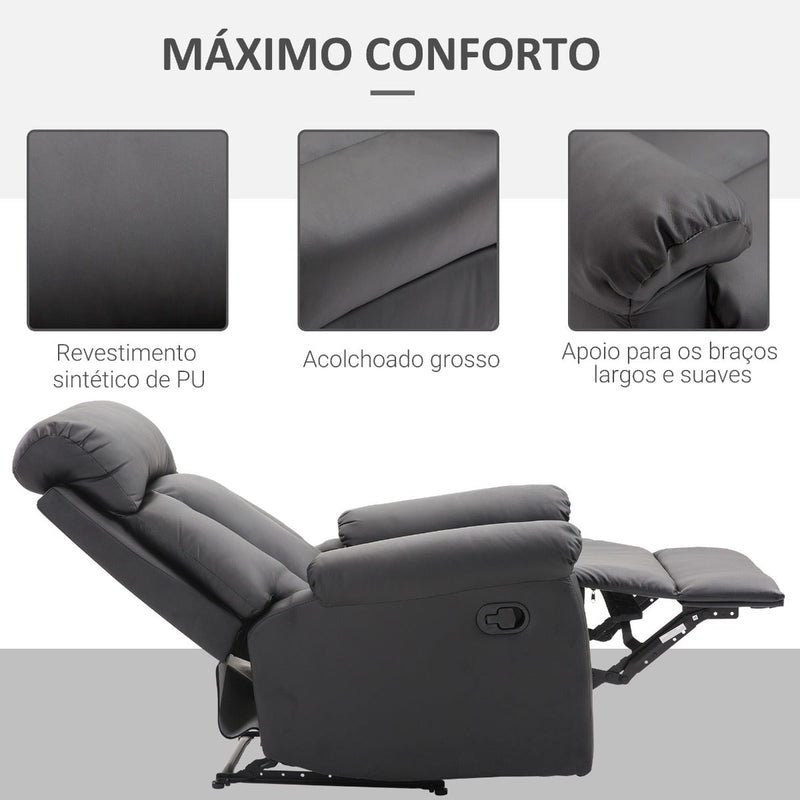 Poltrona Relax Reclinável Estofado em PU Poltrona de Sala de Estar com Apoio para os Pés Retrátil Encosto Alto Apoio para os Braços e Assento Acolchoado Grosso 80x97x107cm Preto