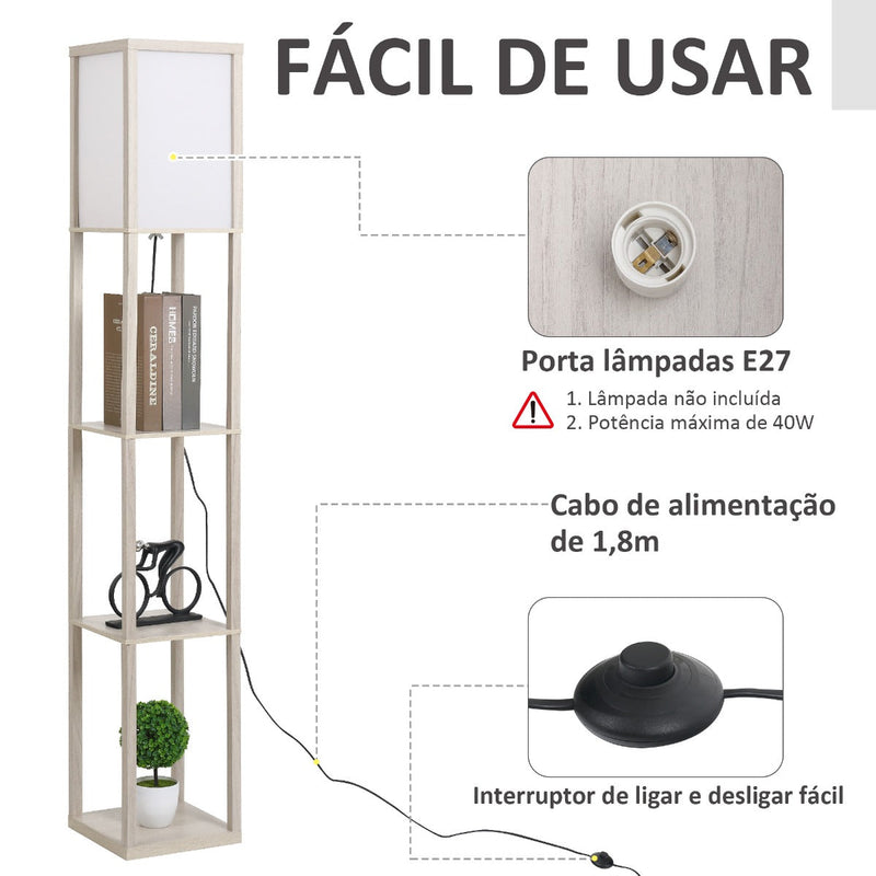 Candeeiro de Pé de Madeira com 3 Prateleiras De Armazenamento para Lâmpada E27 Potência Máx. 40W Candeeiro Moderno para Sala de Estar Dormitório 26x26x160cm Carvalho e Branco