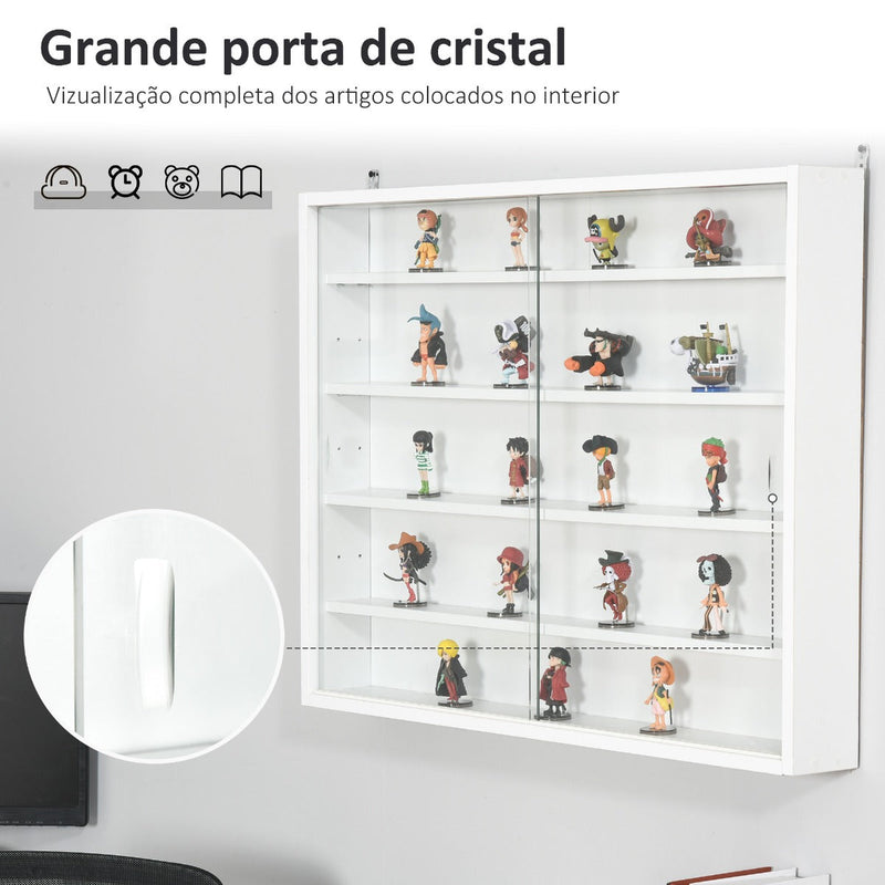 Vitrine de Parede de Madeira com Prateleiras Ajustáveis e 2 Portas Corredeiras de Vidro para Coleções Perfumes Bonecos de Decoração 80x9,5x60cm Branco