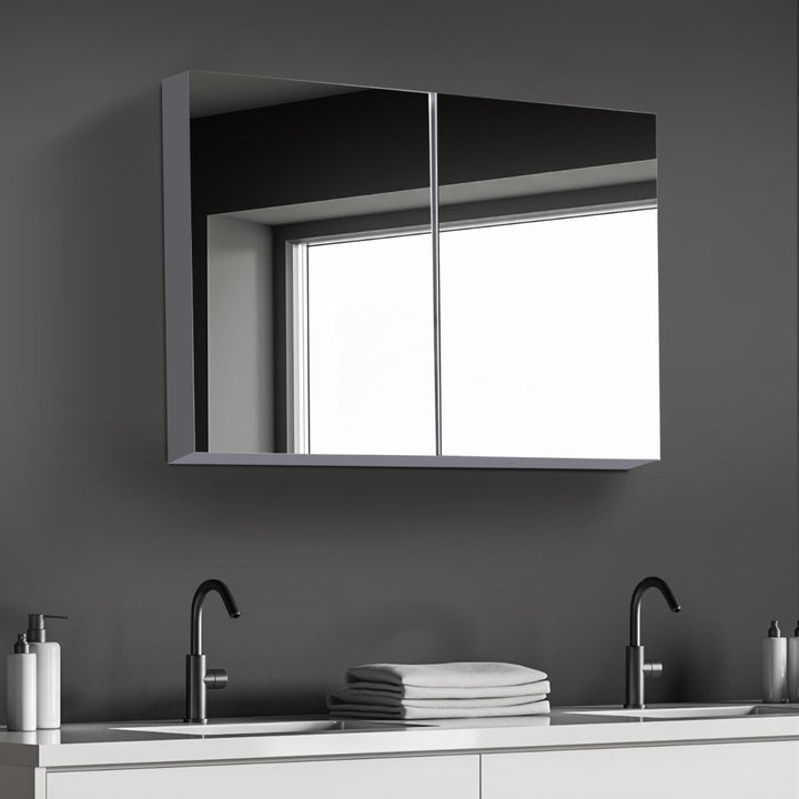 Armário de banheiro com espelho de parede Gabinete 2 portas com 3 prateleiras internas Estilo moderno para quarto Sala 80x15x60 cm Branco