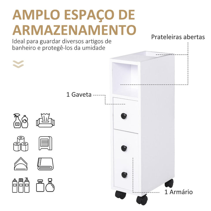 Armário de Casa de Banho Móvel Auxiliar para Espaço Reduzido com Rodas Prateleiras Abertas Armário e Gaveta 18x30x68,5cm Branco