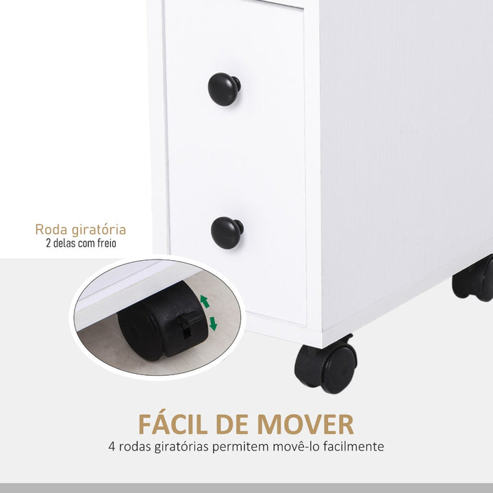Armário de Casa de Banho Móvel Auxiliar para Espaço Reduzido com Rodas Prateleiras Abertas Armário e Gaveta 18x30x68,5cm Branco