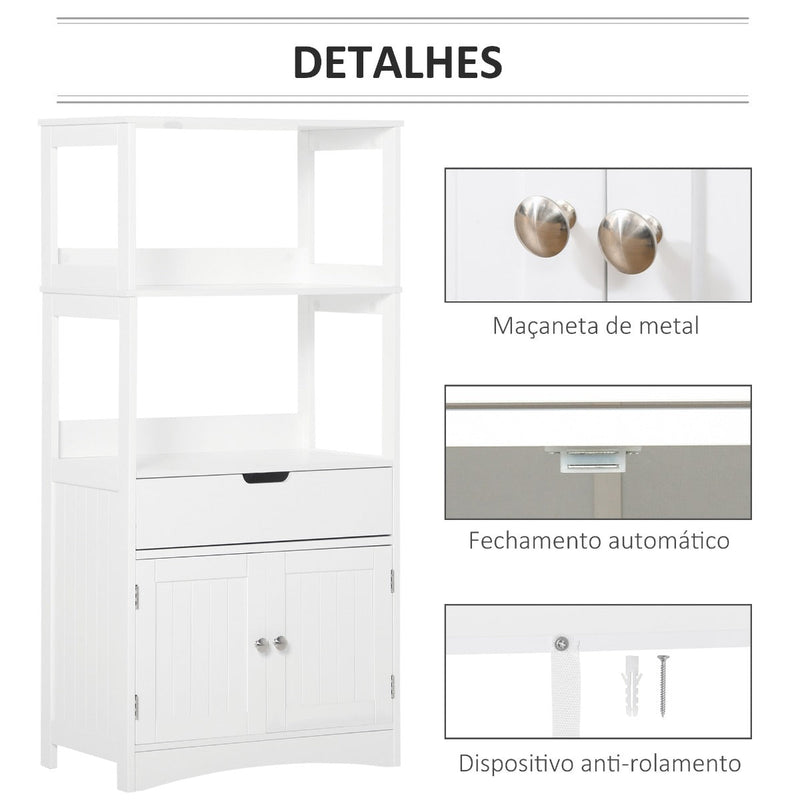 Armário para Banheiro com 3 Prateleiras Gaveta e 2 Portas Móvel de Armazenamento para Cozinha, Sala de estar Dormitório 60x33x122,5cm Branco