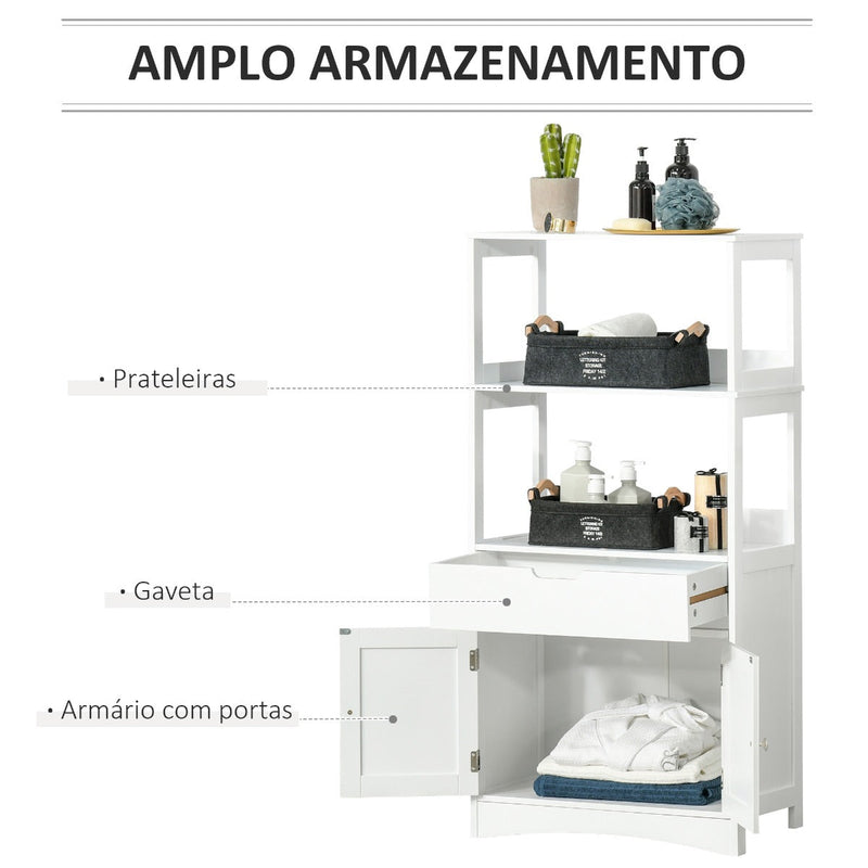 Armário para Banheiro com 3 Prateleiras Gaveta e 2 Portas Móvel de Armazenamento para Cozinha, Sala de estar Dormitório 60x33x122,5cm Branco