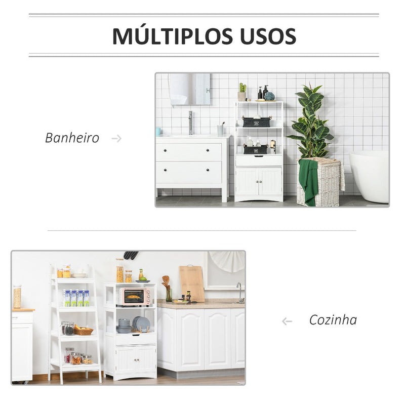 Armário para Banheiro com 3 Prateleiras Gaveta e 2 Portas Móvel de Armazenamento para Cozinha, Sala de estar Dormitório 60x33x122,5cm Branco