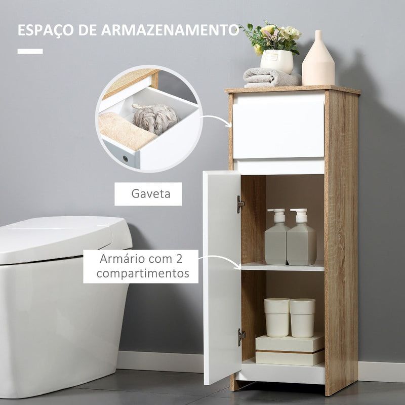 Armário de banheiro baixo Armário de madeira com gaveta e armário com 2 prateleiras para sala Quarto Cozinha 32,6x30x90 cm Cor natural e branco