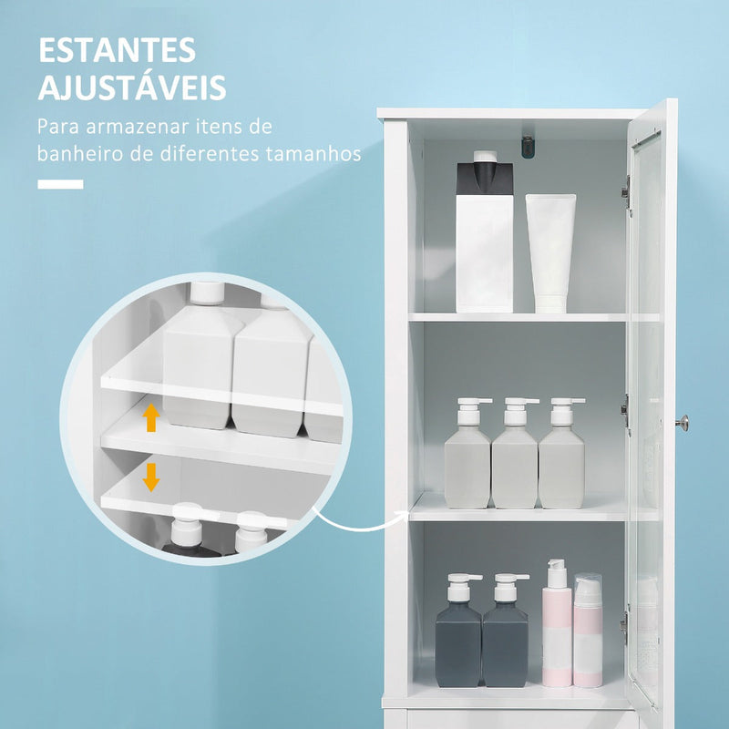 Armário alto para banheiro Armário com 1 porta de vidro prateleiras ajustáveis e 2 gavetas 43x35x160 cm Branco